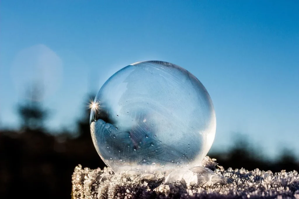 frozen bubble, soap bubble, frozen, winter, sunbeam, sun, landscape, ripe, cold, blue, ice, winter impressions, wintry, transparent, nature, sparkle