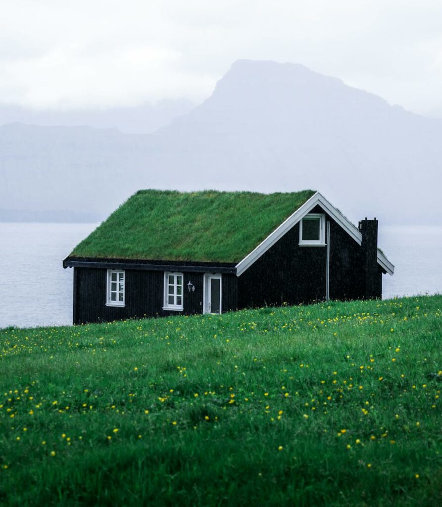 Charming black wooden house with a grass roof in the tranquil Faroe Islands landscape.